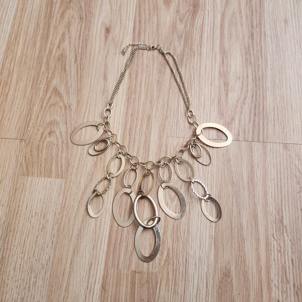 Gold Tone Oval Dangle Chunky Bib Fringe Statement Necklace Layered Collar